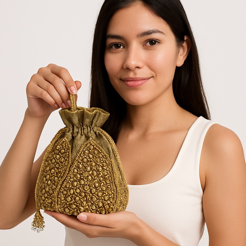 RAMLA Gold Beaded Drawstring Evening Bag Pearl Handle Clutch Purse - Picture 8 of 14